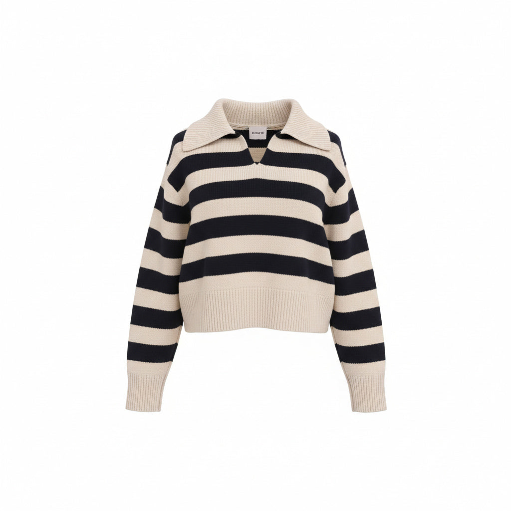 KHAITE CREAM AND NAVY FRANKLIN STRIPED CASHMERE BLEND POLO SWEATER - SIZE S