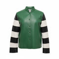 ACNE STUDIOS GREEN STRIPED DETAILED LEATHER JACKET - SIZE 34 (OVERSIZED)