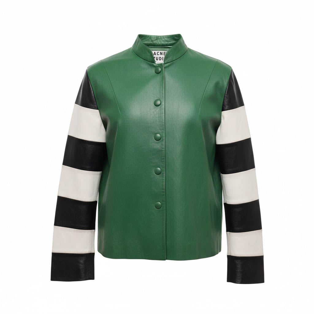 ACNE STUDIOS GREEN STRIPED DETAILED LEATHER JACKET - SIZE 34 (OVERSIZED)
