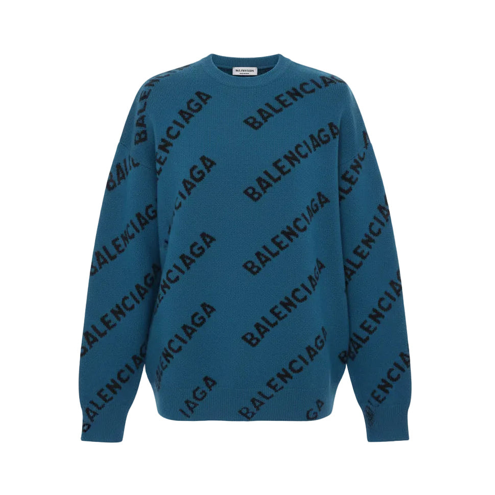 BALENCIAGA WARDROBE UNISEX TURQUOISE KNIT LOGO SWEATER - SIZE XS