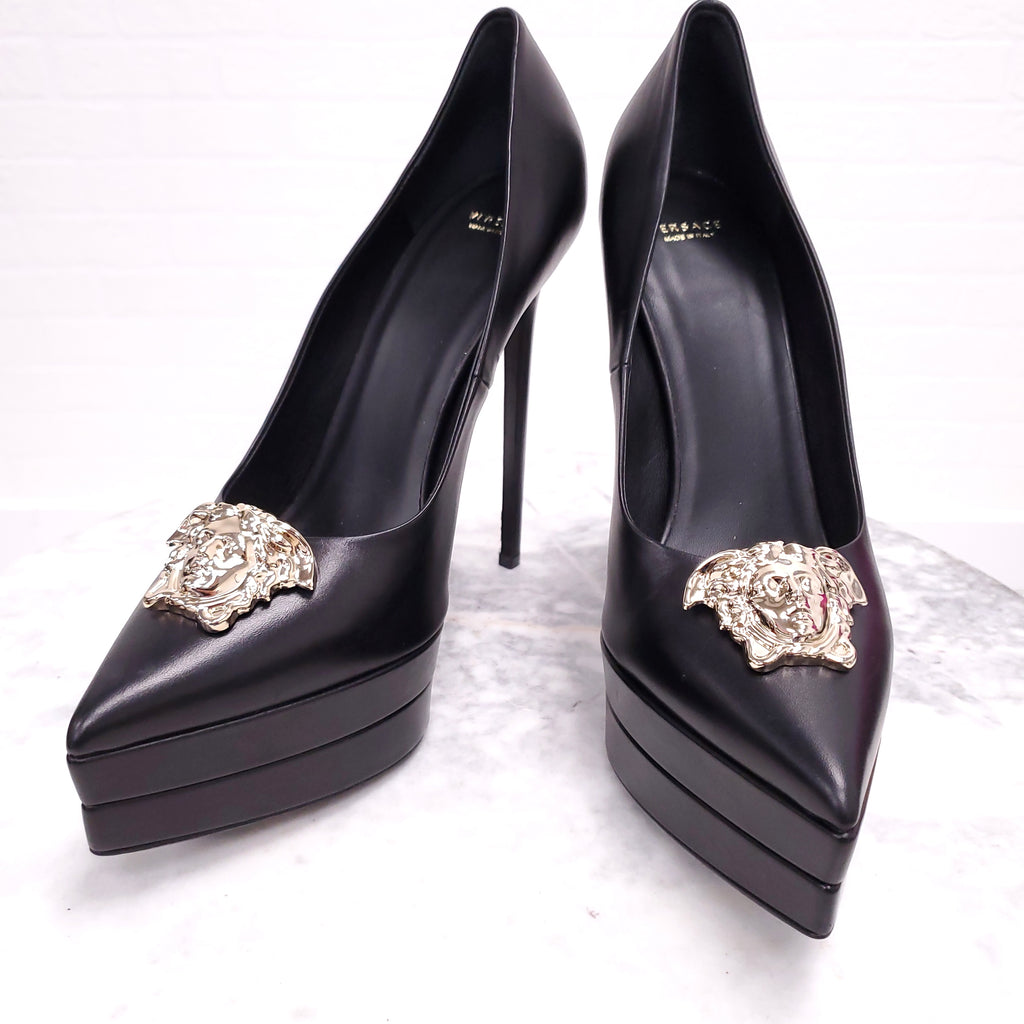 VERSACE LEATHER HEELS WITH GOLD MEDUSA - SIZE 40.5 ($1,400)