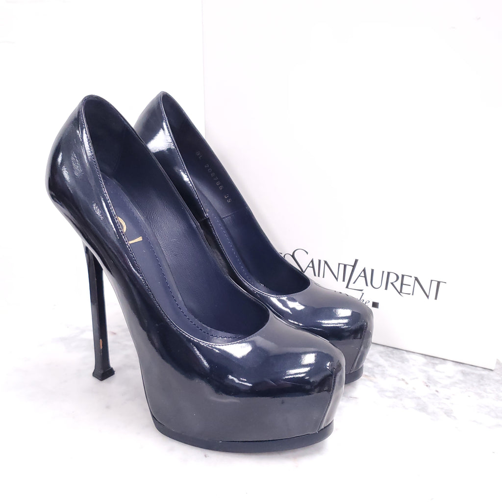 YVES SAINT LAURENT NAVY PATENT TRIBUTE PLATFORM HEELS - SIZE 39