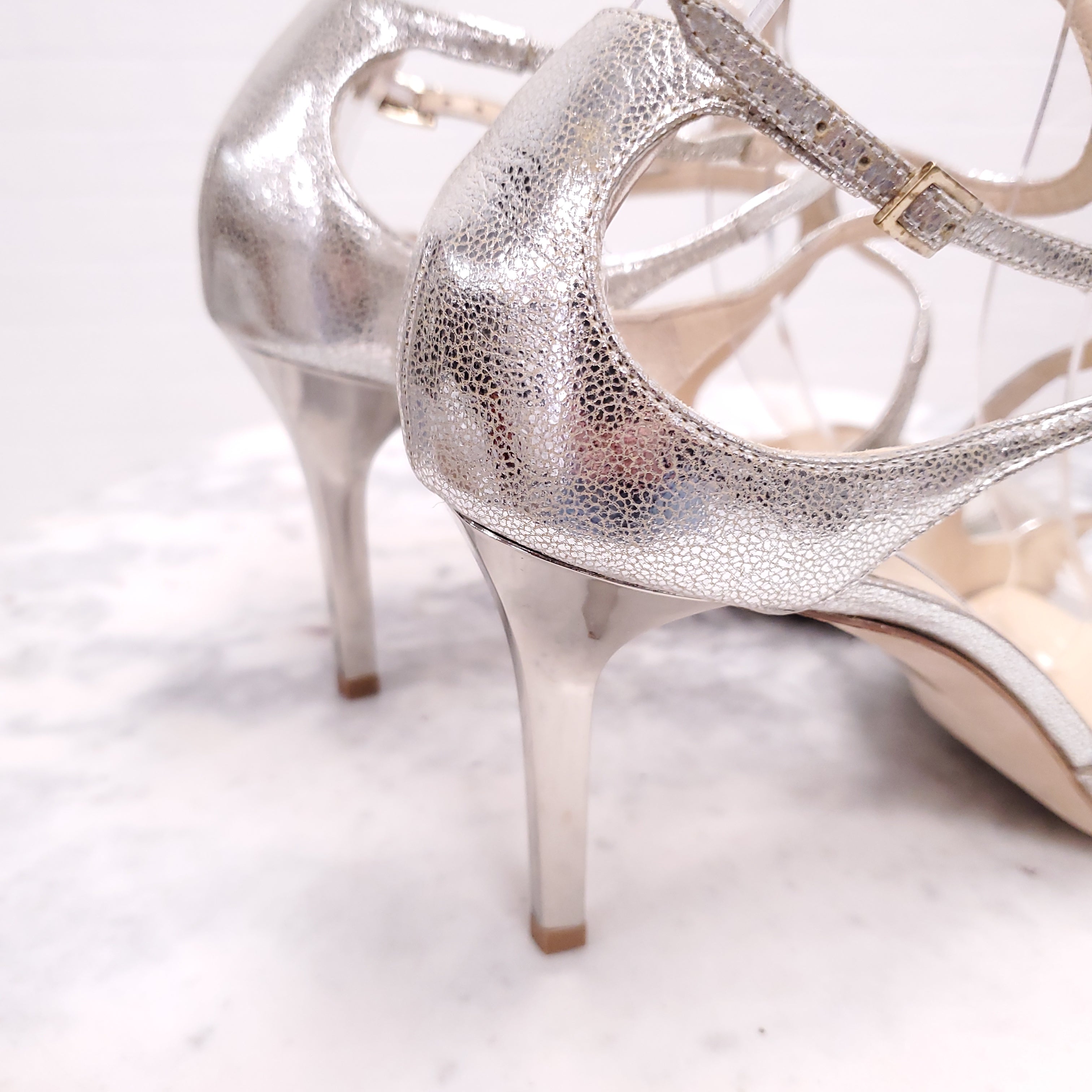 JIMMY CHOO AZIA METALLIC LEATHER CAGE HEELS - SIZE 42