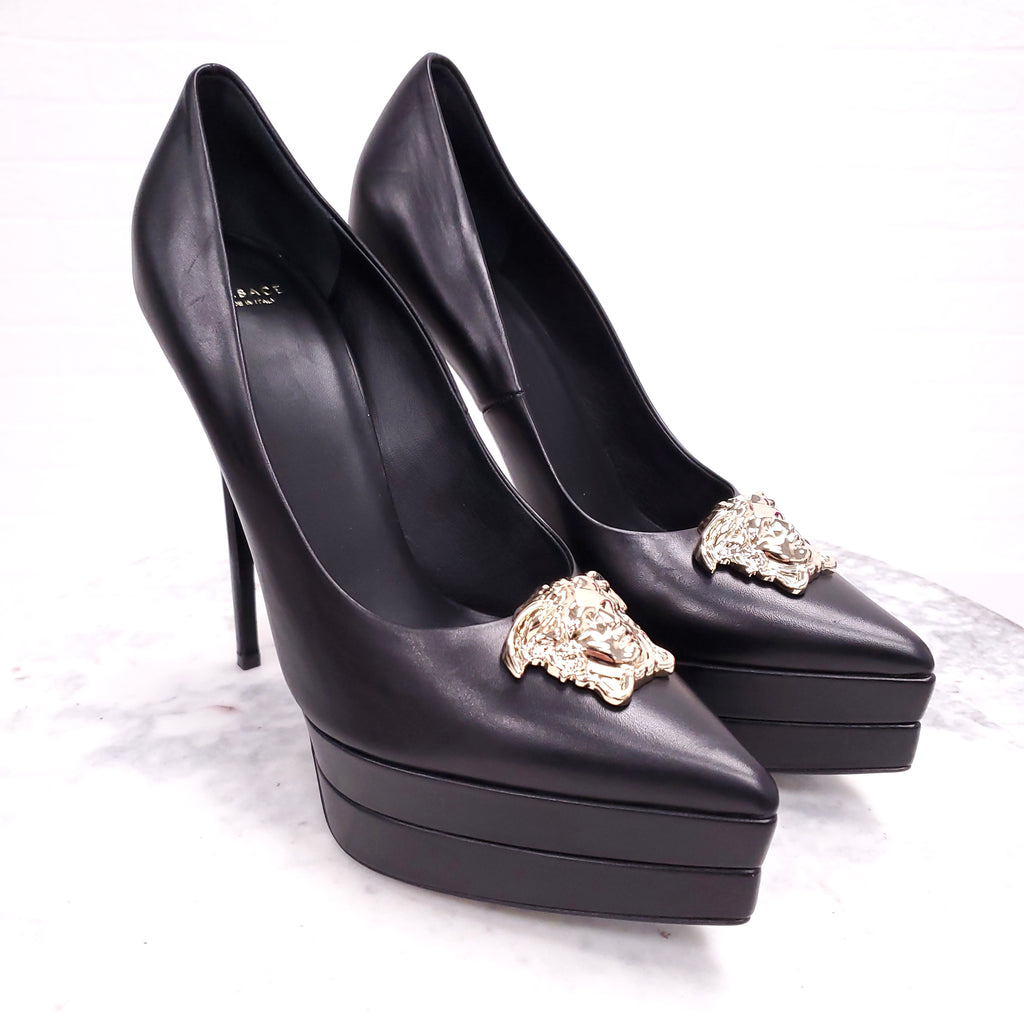 VERSACE LEATHER HEELS WITH GOLD MEDUSA - SIZE 40.5 ($1,400)