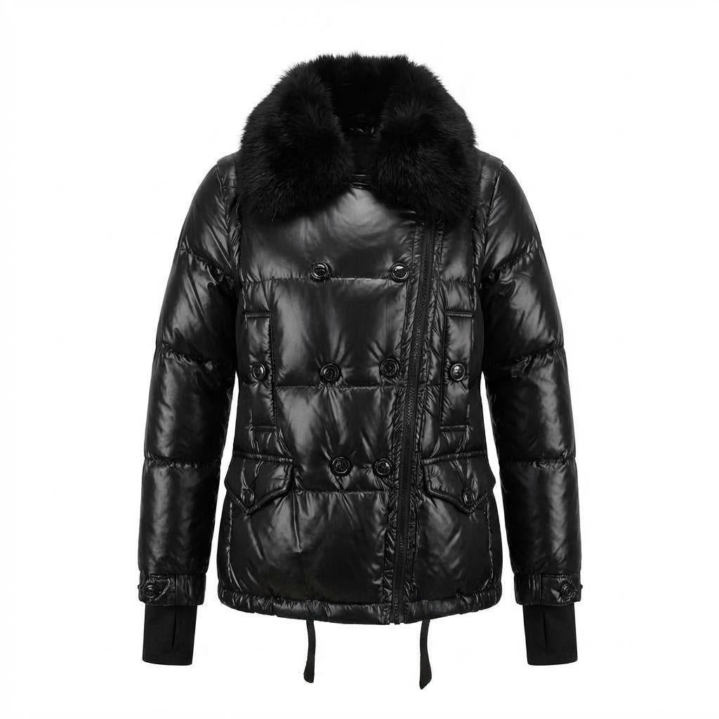 MONCLER BLACK GRENOBLE SEELISBERG SKI JACKET WITH FUR, LEATHER AND LOGO - SIZE 0 (XS)