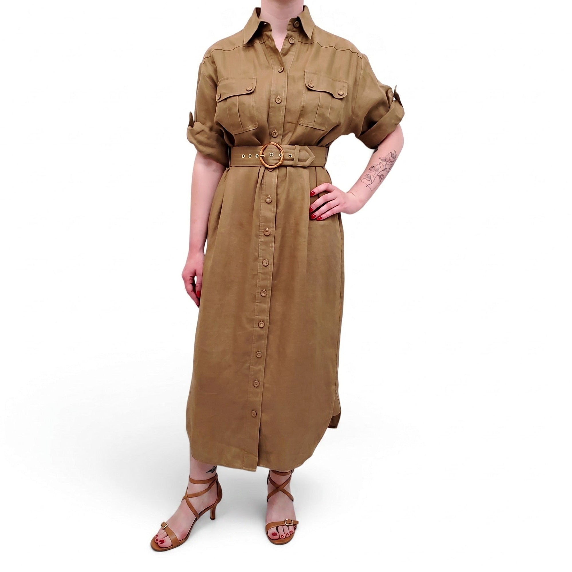 ZIMMERMANN KHAKI GREEN LINEN BUTTON UP DRESS WITH BELT - SIZE 0/XS