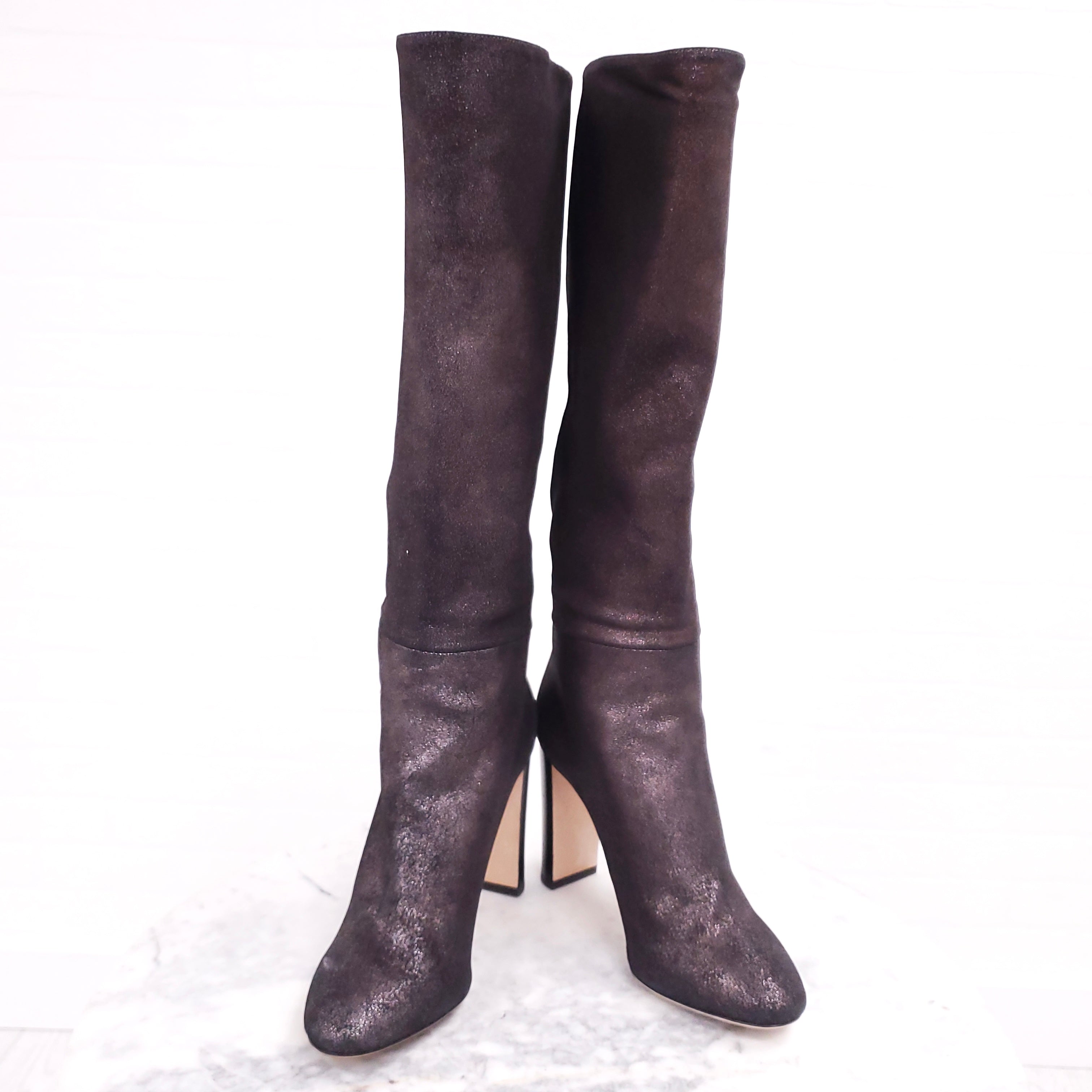 JIMMY CHOO GREY LEATHER SPARKLE KNEE HIGH BOOT WITH BUTTONS ($2095) - SIZE 36.5