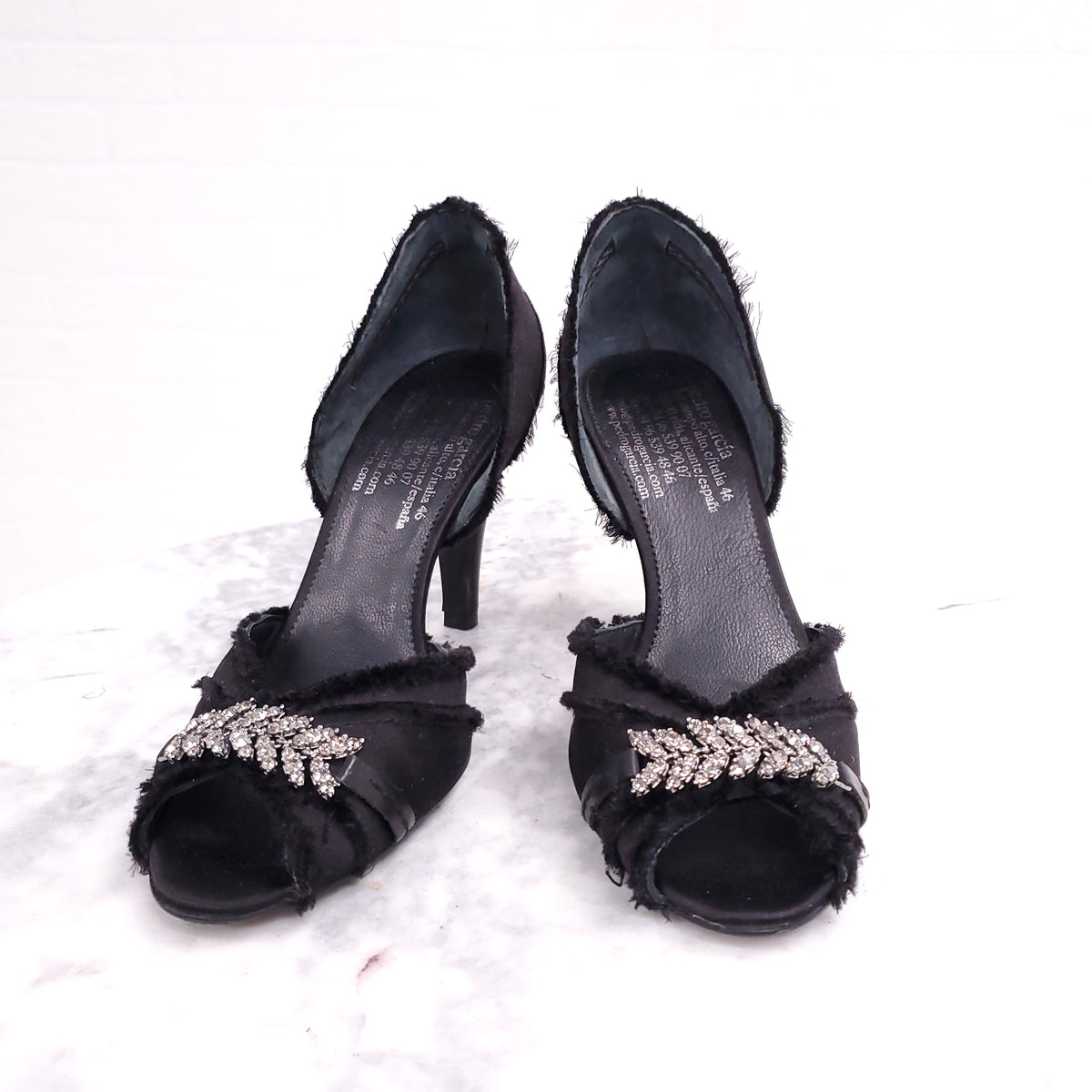 PEDRO GARCIA BLACK SATIN OPEN TOE HEELS WITH CRYSTALS - SIZE 35