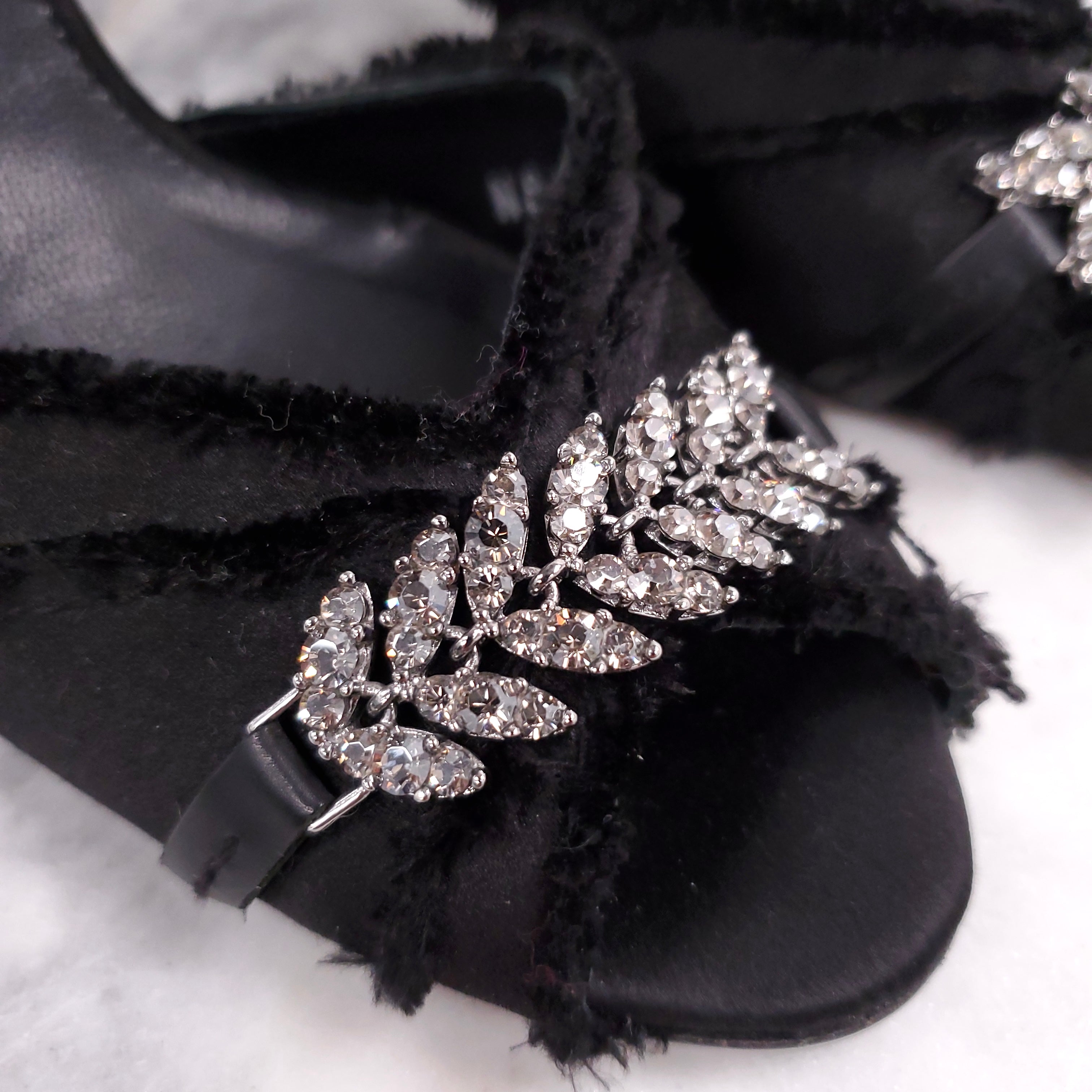 PEDRO GARCIA BLACK SATIN OPEN TOE HEELS WITH CRYSTALS - SIZE 35