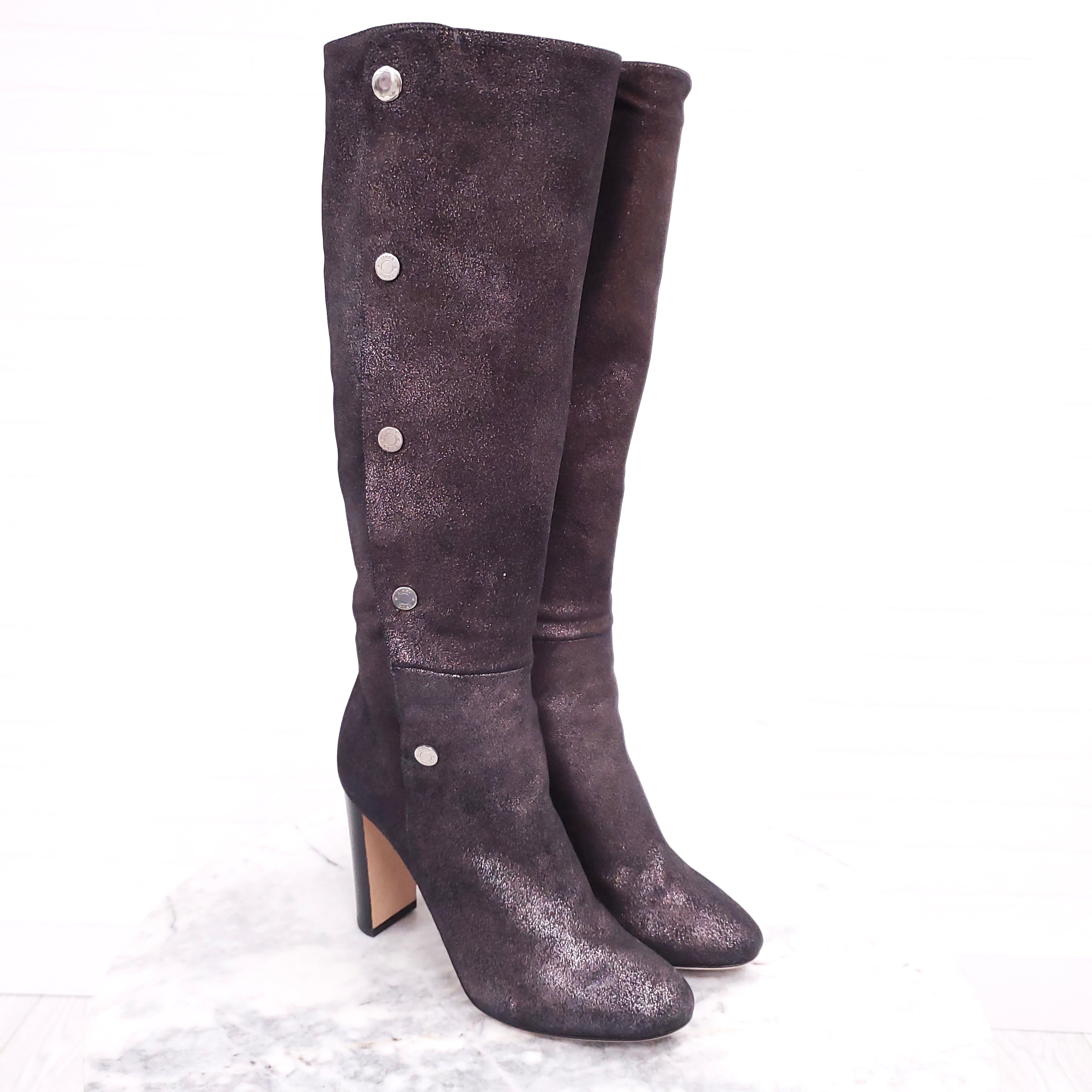 JIMMY CHOO GREY LEATHER SPARKLE KNEE HIGH BOOT WITH BUTTONS ($2095) - SIZE 36.5
